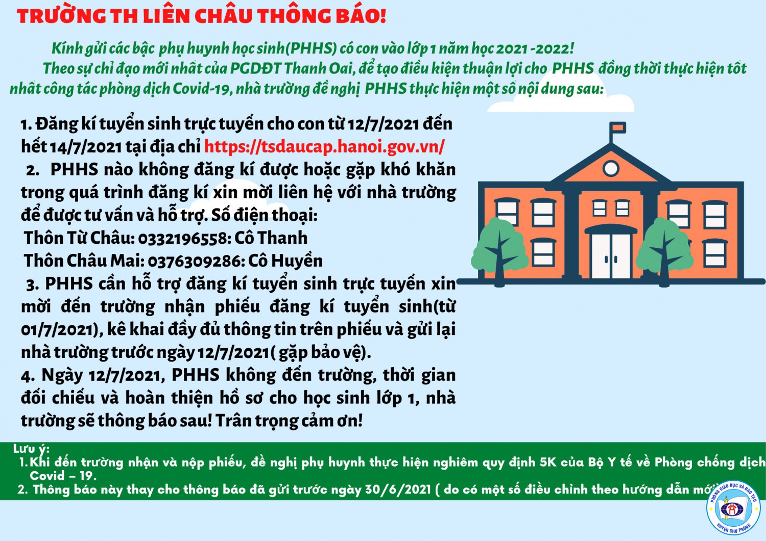 THÔNG BÁO TUYỂN SINH LỚP 1 NĂM HỌC 2021-2022