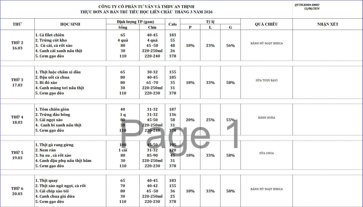 THỰC ĐƠN TUẦN 26