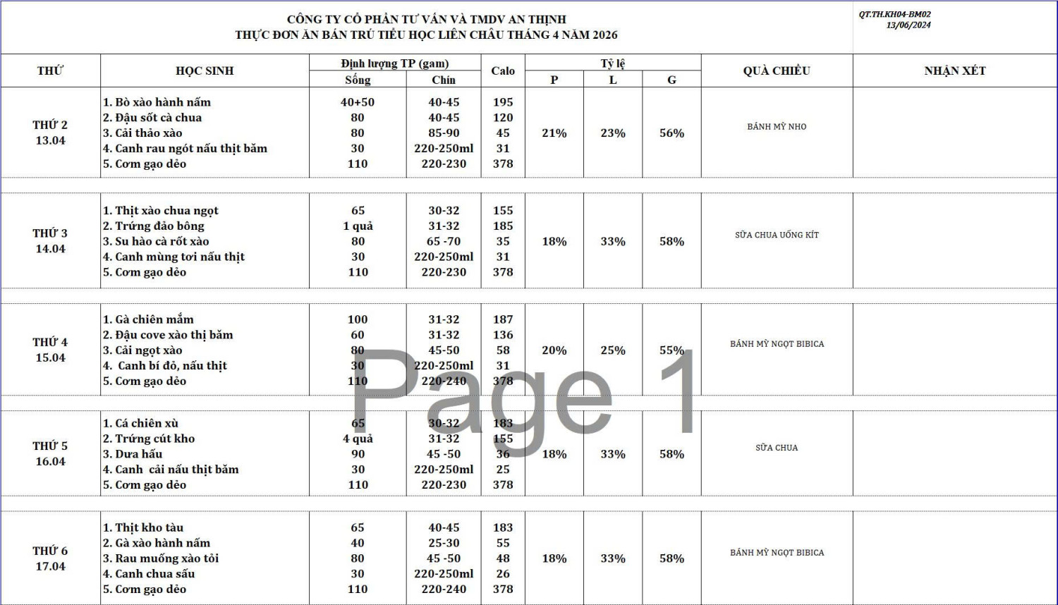 THỰC ĐƠN TUẦN 30
