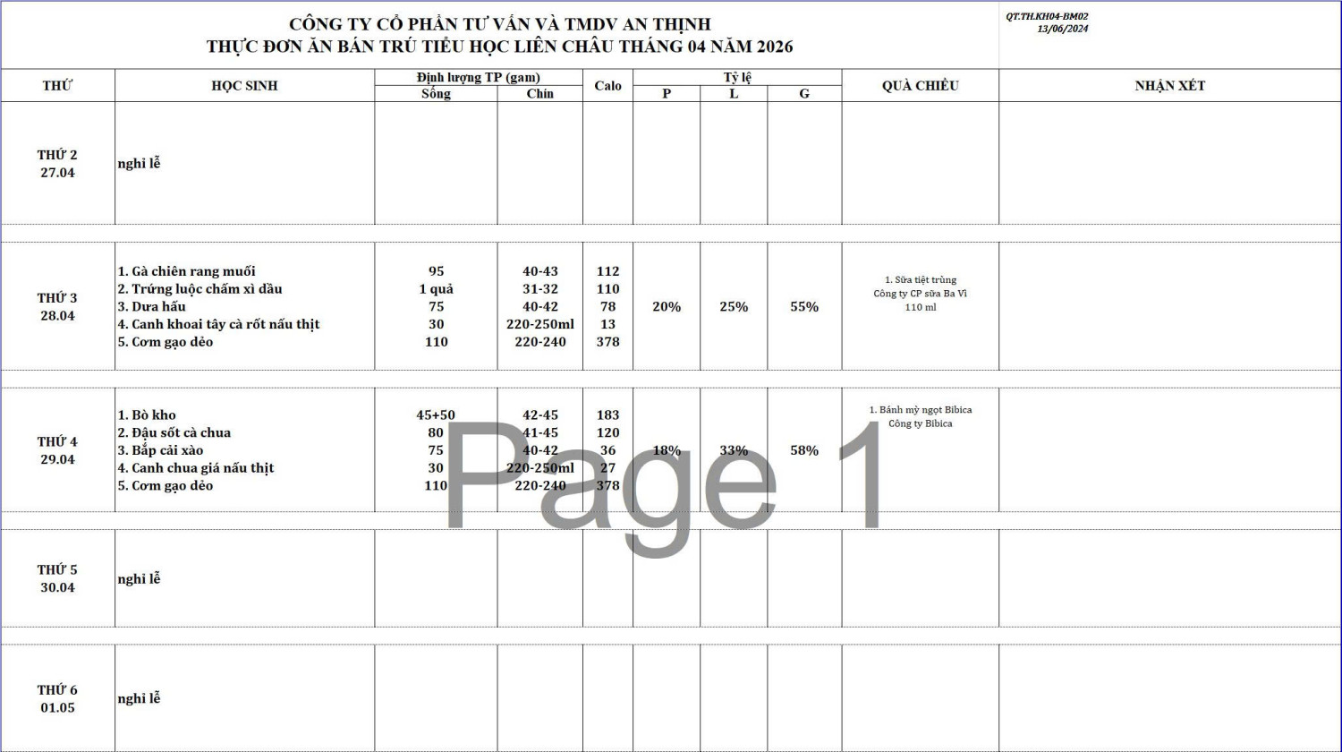 THỰC ĐƠN TUẦN 31b