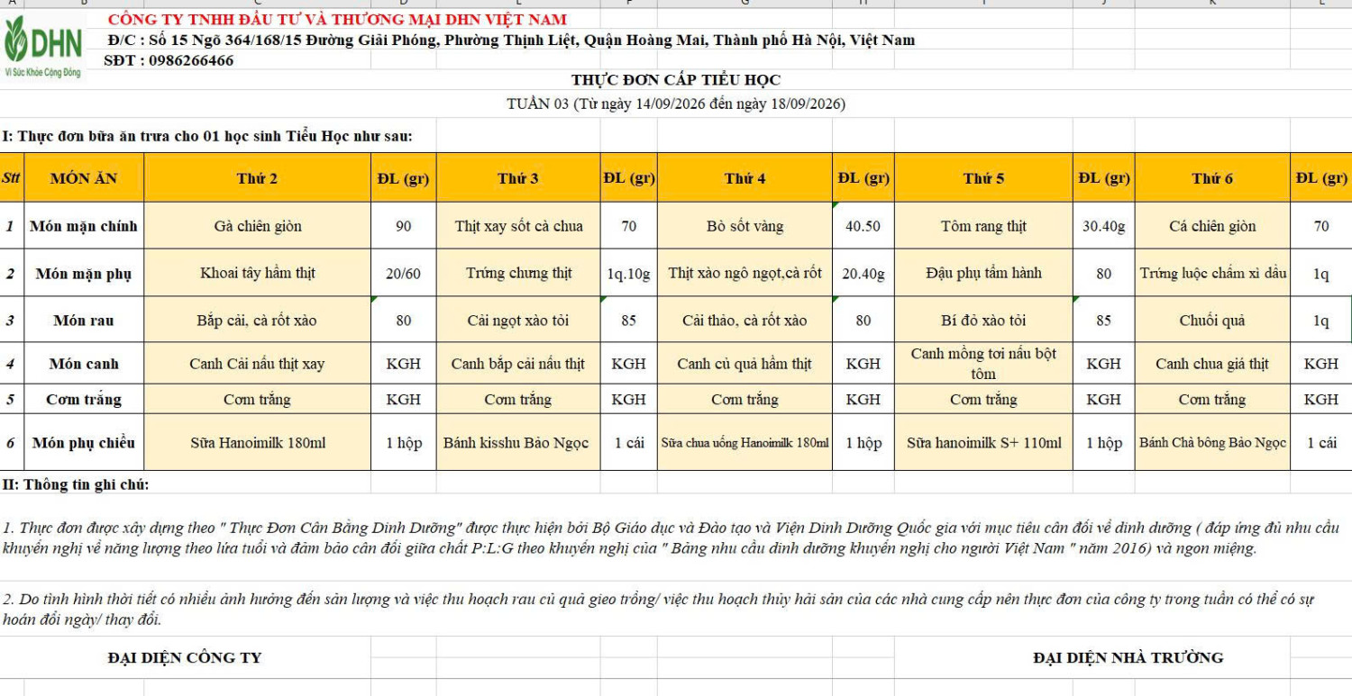Thực đơn bán trú tuần 3