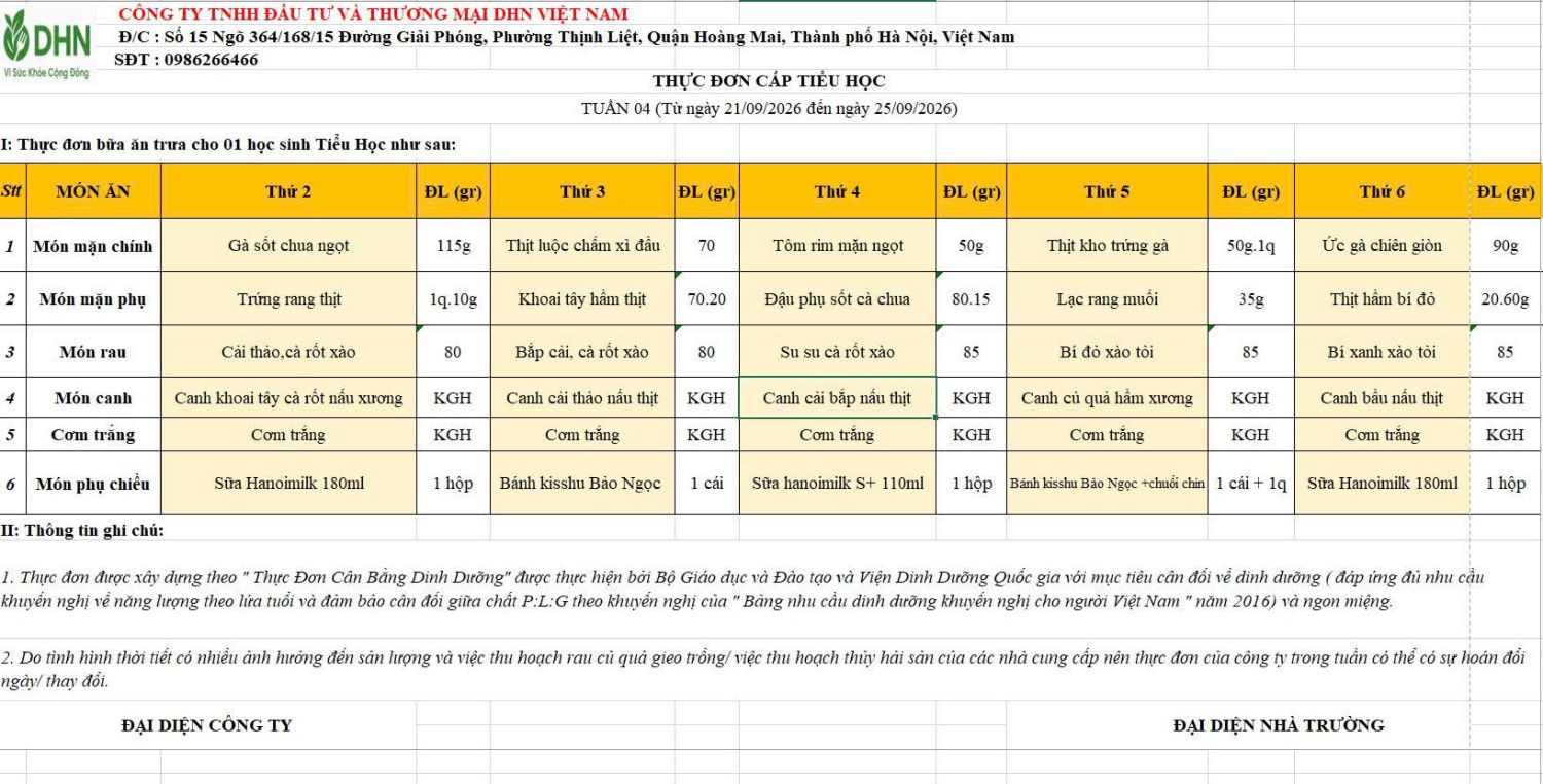 Thực đơn bán trú tuần 4