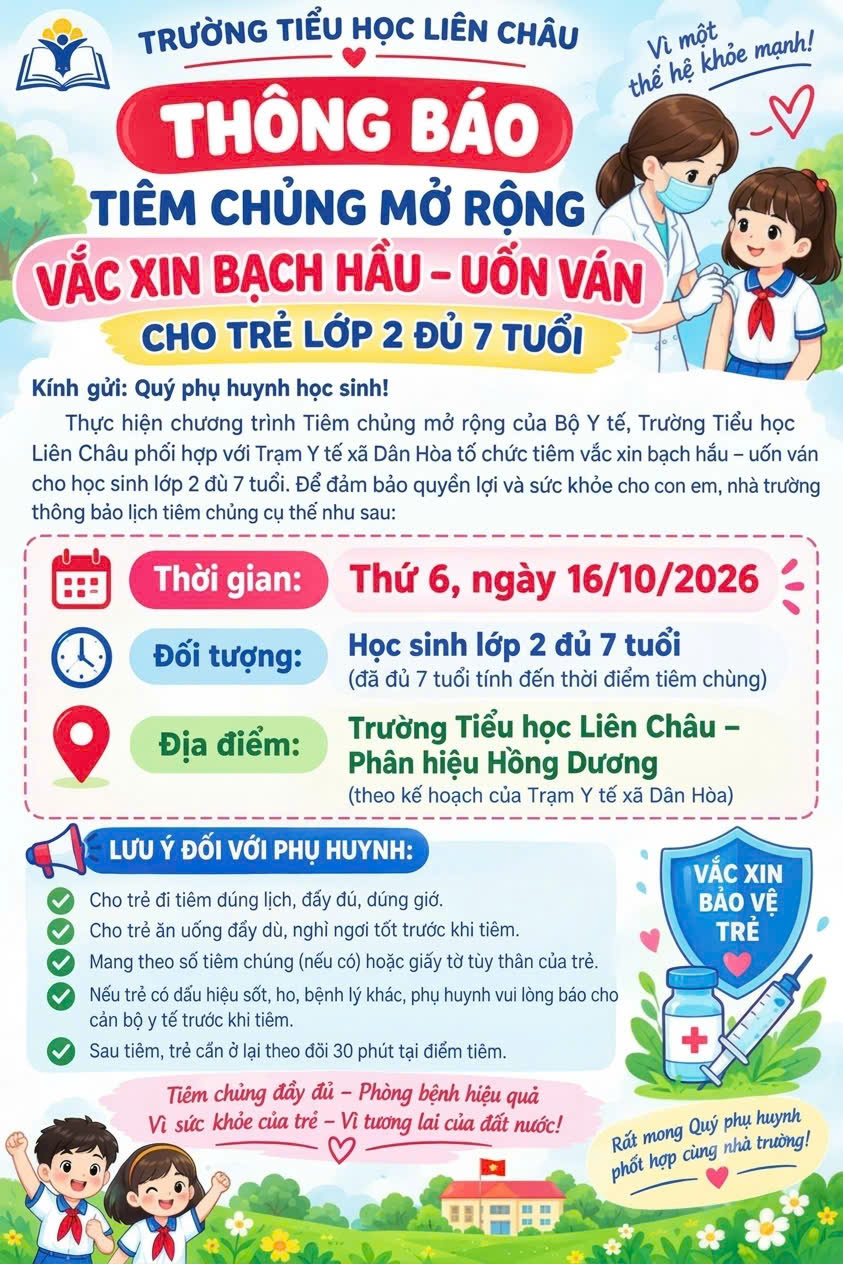 Trường TH Liên Châu phối hợp tiêm phòng Bạch hầu - Uốn ván cho trẻ lớp 2 đủ 7 tuổi